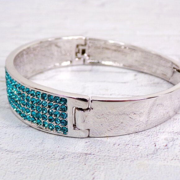 Light blue crystal bangle bracelet, expands open, pave aqua blue crystals - Picture 8 of 11